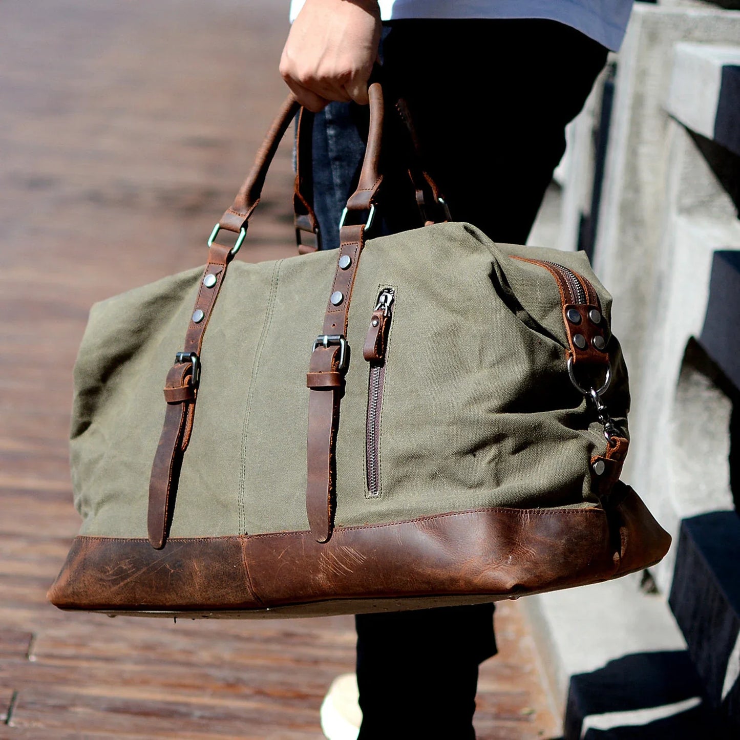Waxed Canvas and Leather Overnight Bag