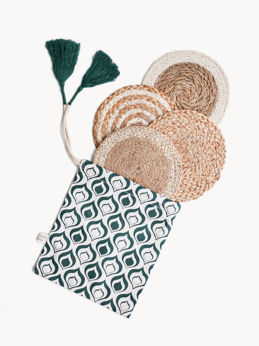 Natural Coaster Trivet Gift Set of 4 with Green pouch