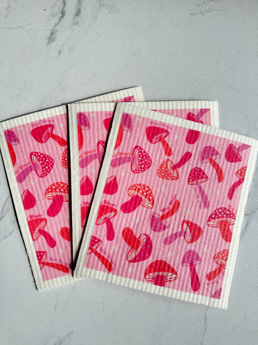 Pink Mushroom Swedish Dish Cloth - Set of 3