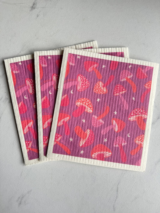 Purple Mushroom Swedish Dish Cloths - Set of 3