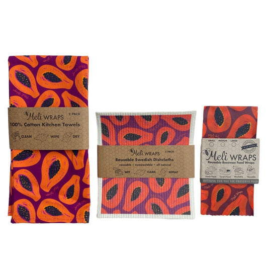 Papaya Gift Set: Beeswax Wraps, Cotton Tea Towels, and Swedish Dishcloths