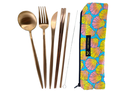 Beeswax Wrap Bulk Roll + Cutlery Set Bundle in Shell Print