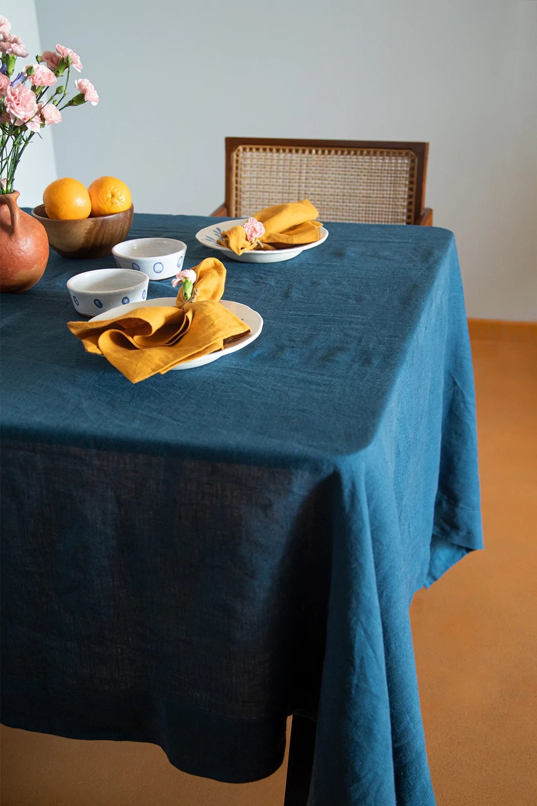 Peacock Blue Tablecloth | Pure Linen | Linen Cotton Mix | Soft | Handmade | Customisable Sizes | Customisable Shapes-1